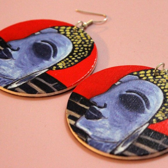 Red Buddha Wood Earrings Statement Jewellery - Picture 3 of 3